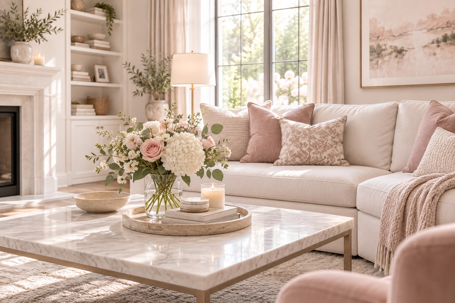 A bright living room with a white sofa, blush pillows and fresh flowers